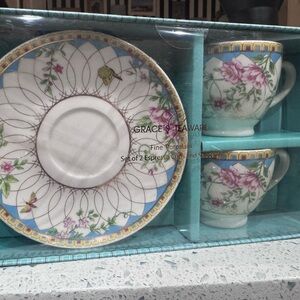 Grace Teaware Fine Porcelain Espresso Cup & Saucer Set - Floral Blue & Gold